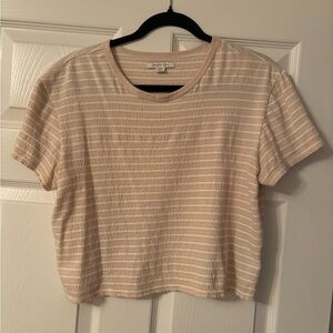 American Eagle Striped Short Sleeve Crop Top in Beige - Women's Casual Tee